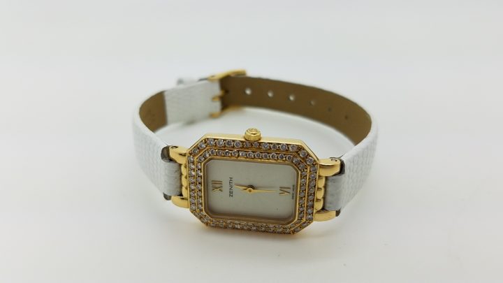 ZENITH	LADIES 18K 		WHITE	Solid Gold	Genuine Leather	20MM	DIAMOND		Quartz (Battery)	Watch