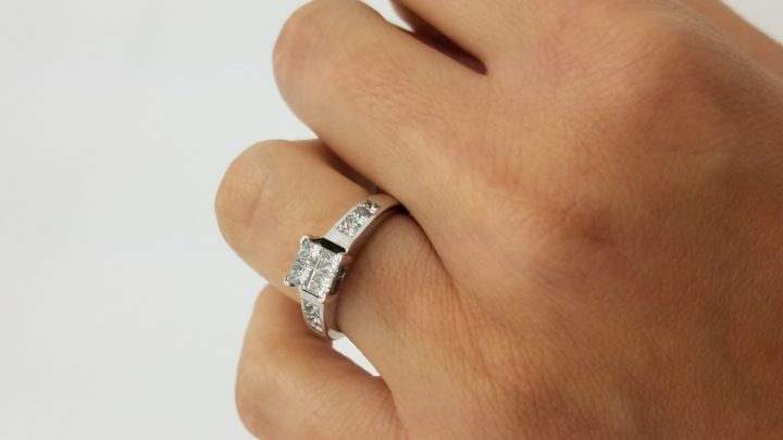 14K	White Gold	Channel band	1.00	ct.	PR	Cut	Diamond	J	SI	Invisible-Set	Cluster	Engagement-Ring