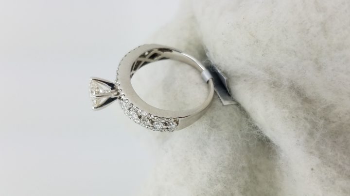 14K	White Gold	Lace style mounting	.57 + .65	ct.	R	Cut	Diamond	H	VS2	4-prong/pave	Solitaire with Accents	Engagement-Ring