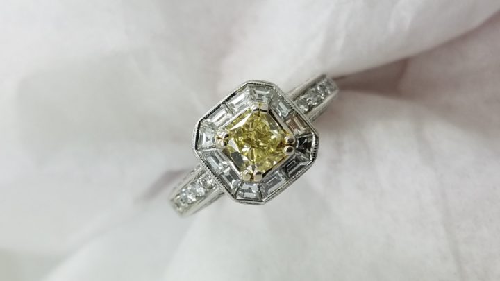 18K	TT	halo milgrain	0.80+1.00	ct.	RAD+B+R	Cut	Diamond	4-prong/ channel/pave	Solitaire with Accents		Engagement-Ring