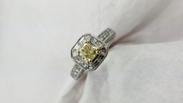 18K	TT	halo milgrain	0.80+1.00	ct.	RAD+B+R	Cut	Diamond	4-prong/ channel/pave	Solitaire with Accents		Engagement-Ring