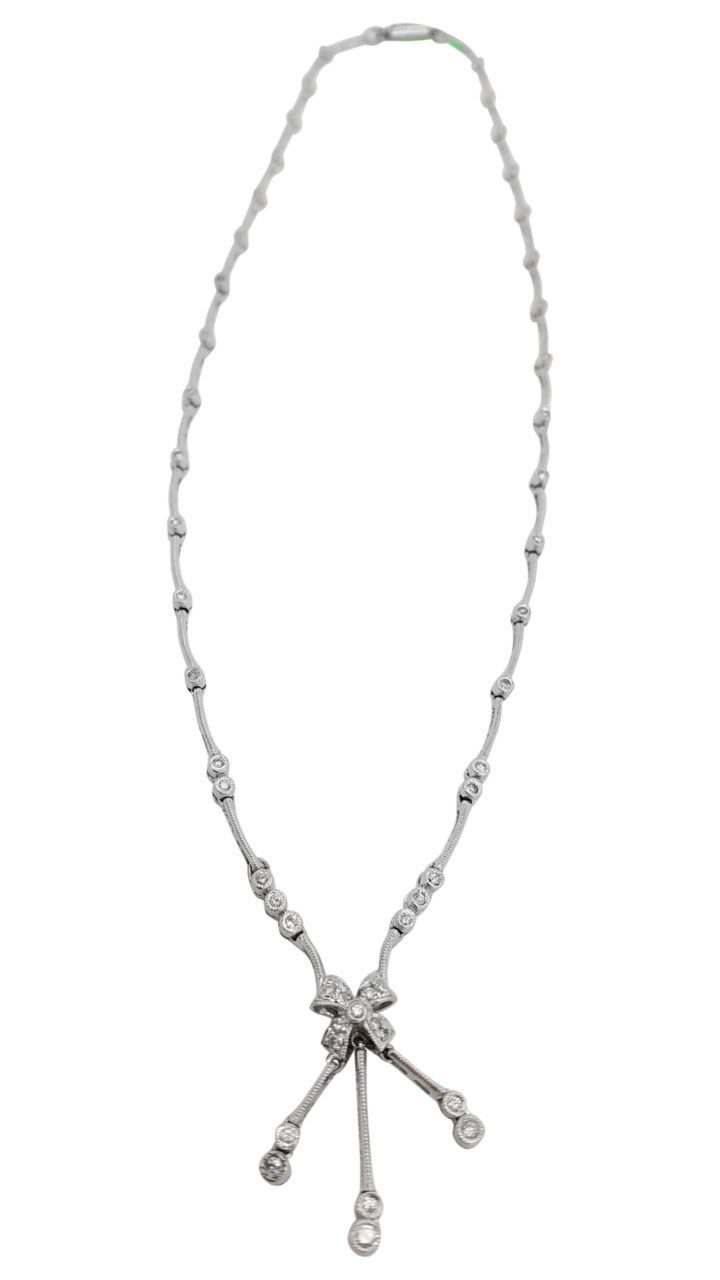 14K white Gold BOW  and milgrainDESIGN 1.00 ct DIAMOND drop necklace-pendant