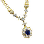 18K Yellow Gold Oval Sapphire princess cuts Diamond HALO 1.50 ct  flower design necklace-pendant