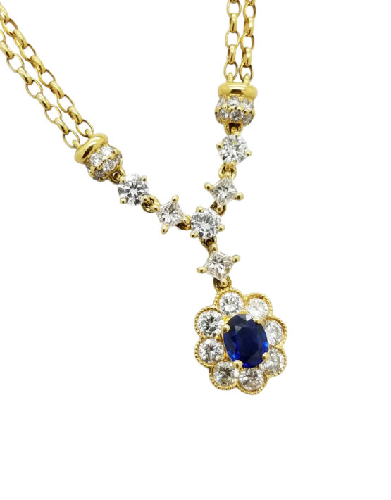 18K Yellow Gold Oval Sapphire princess cuts Diamond HALO 1.50 ct  flower design necklace-pendant