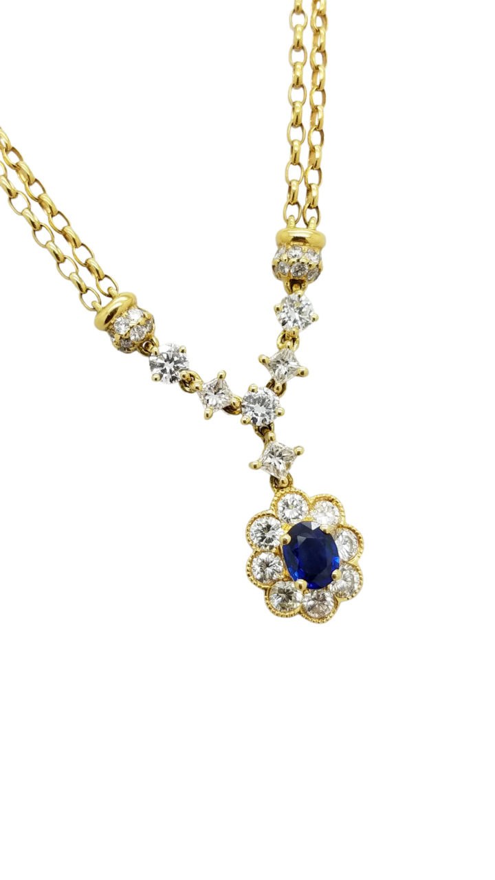 18K Yellow Gold Oval Sapphire princess cuts Diamond HALO 1.50 ct  flower design necklace-pendant