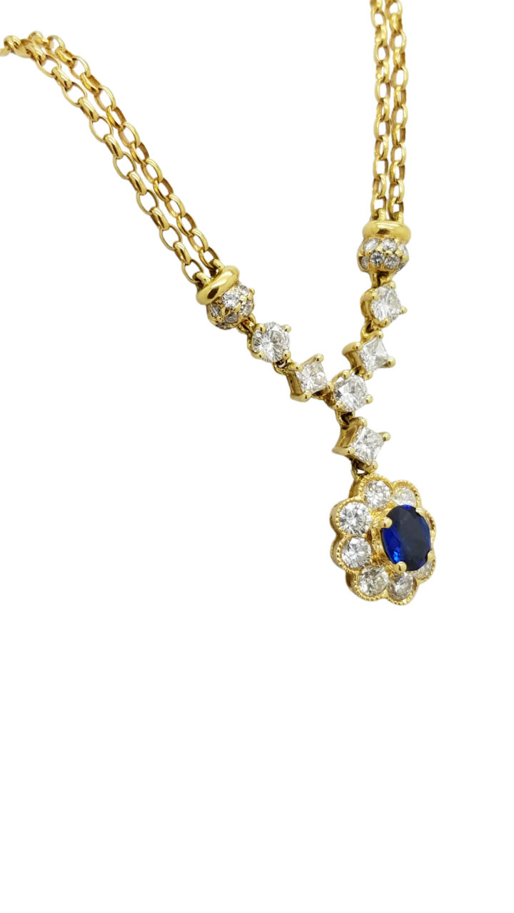 18K Yellow Gold Oval Sapphire princess cuts Diamond HALO 1.50 ct  flower design necklace-pendant