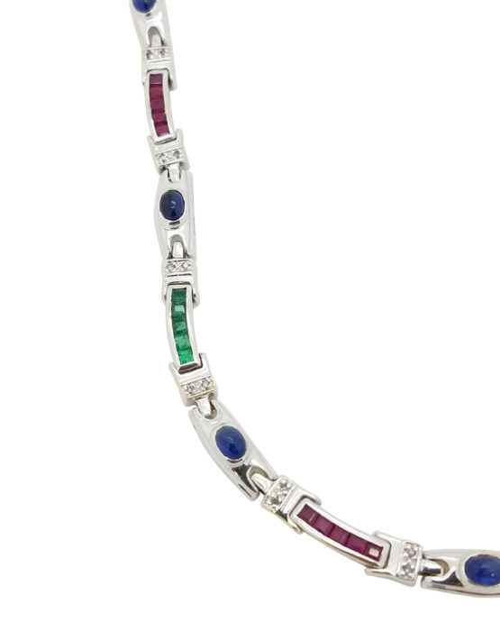 18K        White Gold MIX OF PRECIOUS GEMSTONES 0.30 ct SAPPHIRES EMERALDS, RUBIES AND DIAMOND ACCENTS  necklace