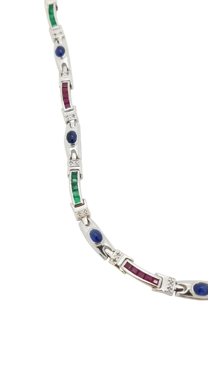 18K        White Gold MIX OF PRECIOUS GEMSTONES 0.30 ct SAPPHIRES EMERALDS, RUBIES AND DIAMOND ACCENTS  necklace