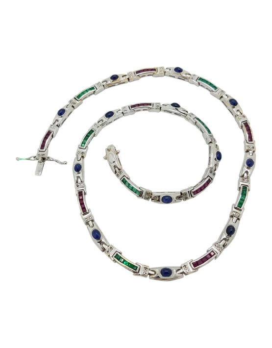 18K        White Gold MIX OF PRECIOUS GEMSTONES 0.30 ct SAPPHIRES EMERALDS, RUBIES AND DIAMOND ACCENTS  necklace