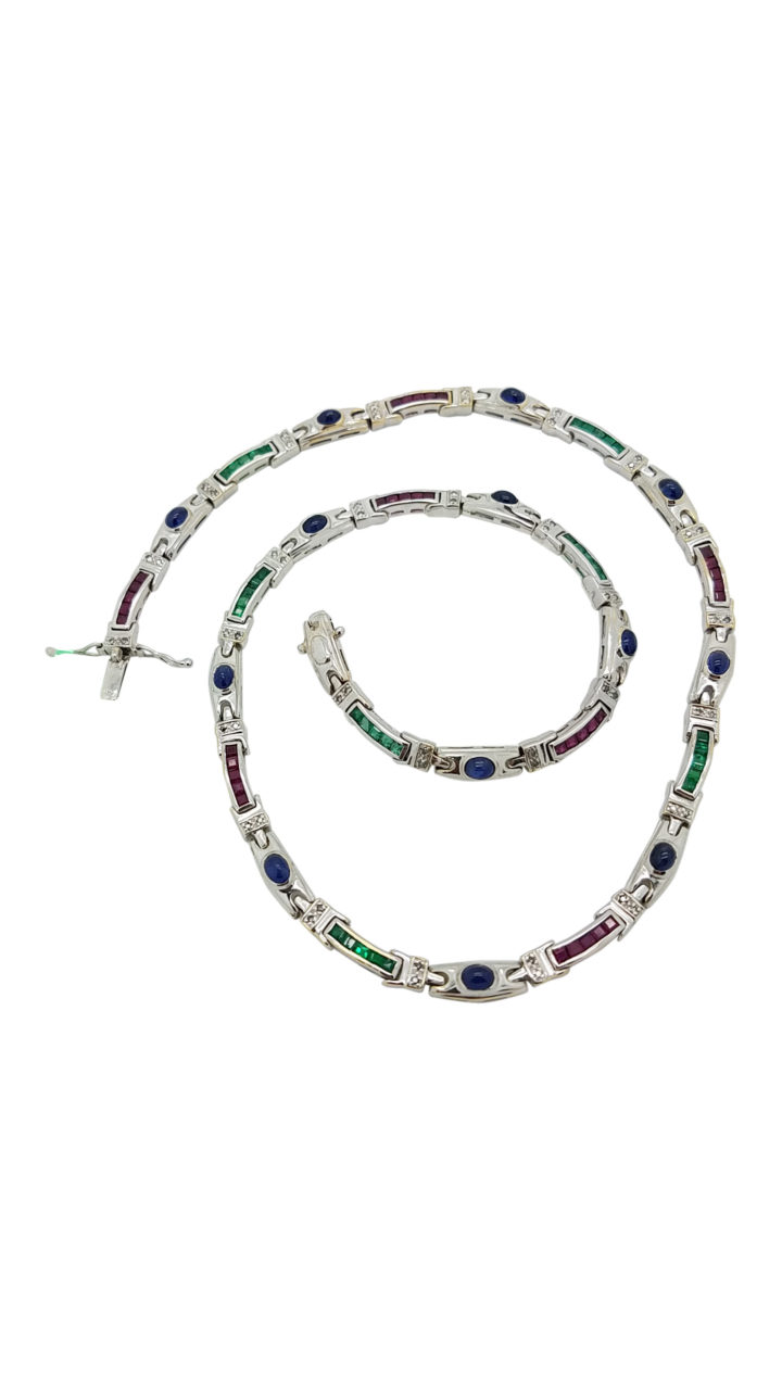18K        White Gold MIX OF PRECIOUS GEMSTONES 0.30 ct SAPPHIRES EMERALDS, RUBIES AND DIAMOND ACCENTS  necklace