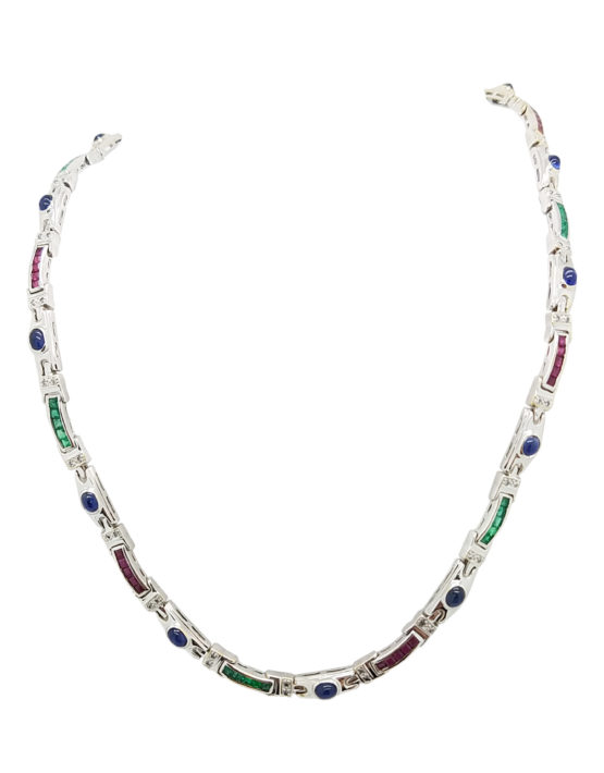 18K        White Gold MIX OF PRECIOUS GEMSTONES 0.30 ct SAPPHIRES EMERALDS, RUBIES AND DIAMOND ACCENTS  necklace