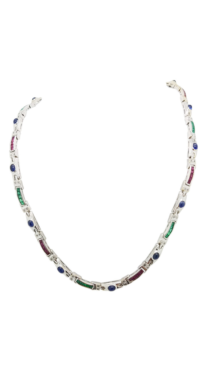 18K        White Gold MIX OF PRECIOUS GEMSTONES 0.30 ct SAPPHIRES EMERALDS, RUBIES AND DIAMOND ACCENTS  necklace
