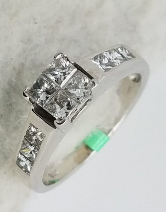 14K	White Gold	Channel band	1.00	ct.	Princess		Cut	Diamond	Invisible-Set	Cluster		Engagement-Ring