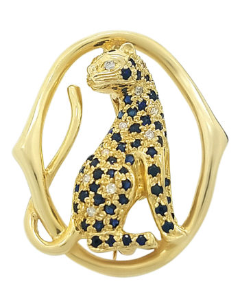 DIAMOND & SAPPHIRE LEOPARD 14K YELLOW GOLD BROOCH